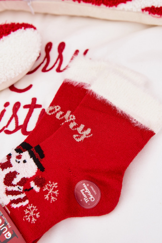 Slavnostní ponožky Dětské s kožešinou I Bałwanem Wełna s alpakami červené