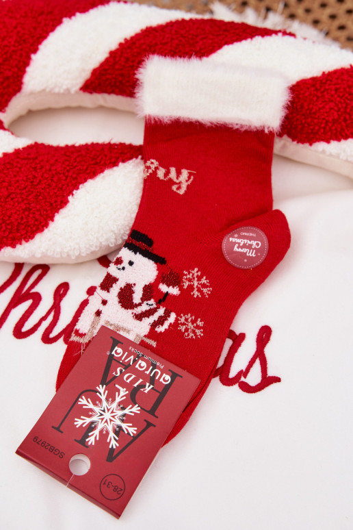 Slavnostní ponožky Dětské s kožešinou I Bałwanem Wełna s alpakami červené