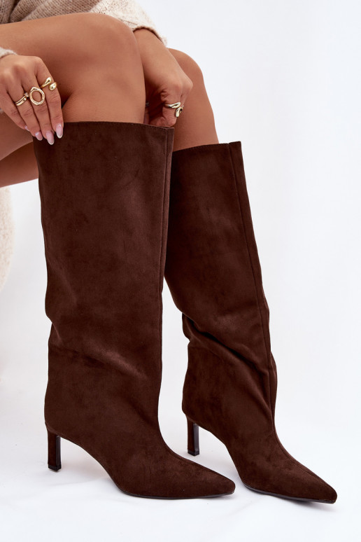 dámské dlouhé boty Z z eko semišeu Slip-on vzor s tenkými podpatky Czekoladowe Phelin