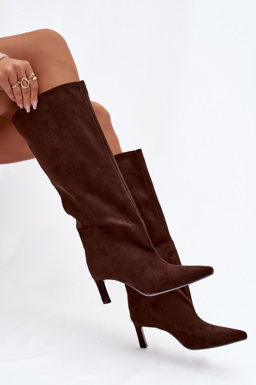 dámské dlouhé boty Z z eko semišeu Slip-on vzor s tenkými podpatky Czekoladowe Phelin
