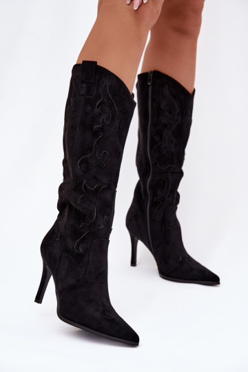 dámské dlouhé boty s tenkými podpatky kovbojský styl Z z eko semišeu Černé Belonia