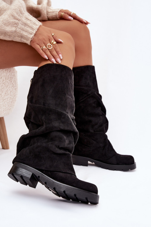 Teplé dlouhé kozačky Slip-on vzor s vrásčitou podrážkou Černé Ilvessa