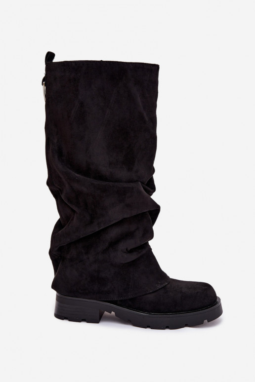 Teplé dlouhé kozačky Slip-on vzor s vrásčitou podrážkou Černé Ilvessa