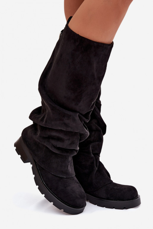 Teplé dlouhé kozačky Slip-on vzor s vrásčitou podrážkou Černé Ilvessa