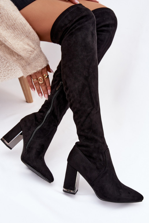 dámské dlouhé boty z eko semišeowe nad kolena s podpatky Černé Thamine