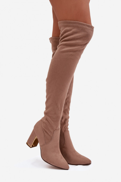 dámské dlouhé boty z eko semišeowe nad kolena s podpatky béžové Thamine
