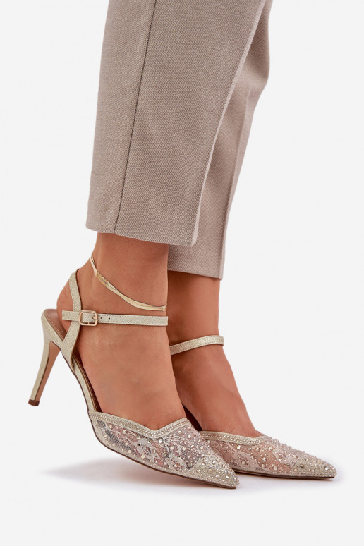 Zdobené Boty na vysokém podpatku s otevřenou patou zlaté barvy Nanadra