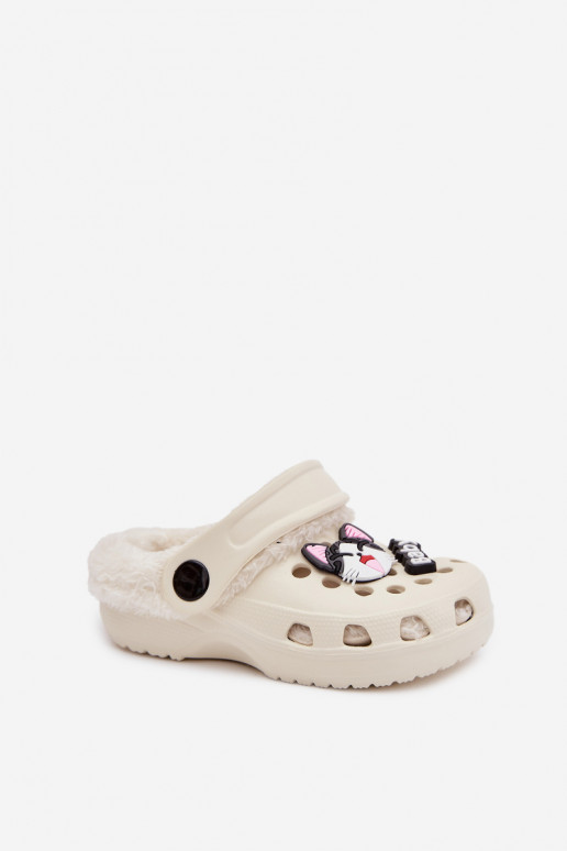  Pantofle Dětské zateplené s kožešinou uvnitř Z Przypinkami Krémová Cerelle