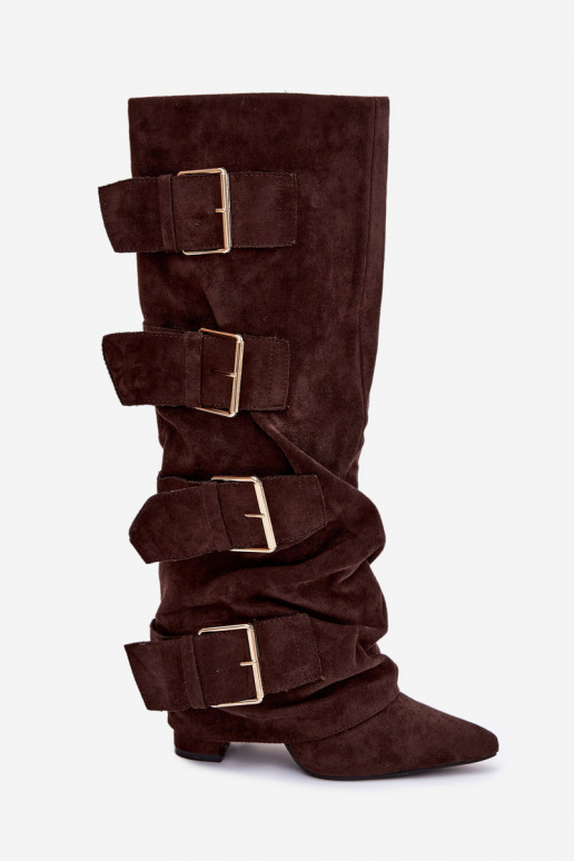 dámské dlouhé boty s podpatky Z Wywiniętą Cholewką I zlaté barvymi s přezkamimi z eko semišeowe Czekoladowe Isavelle