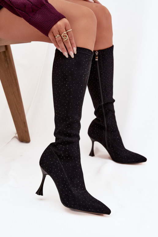 dámské dlouhé boty s tenkými podpatky  D&A JC52-883 Černé