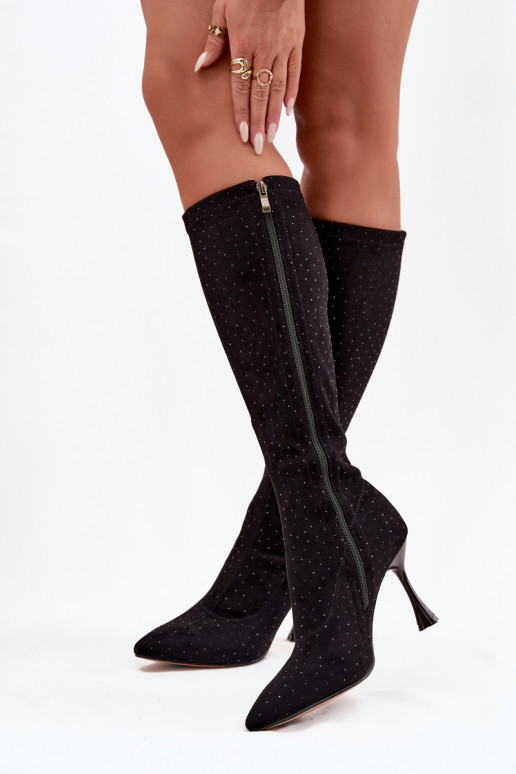 dámské dlouhé boty s tenkými podpatky  D&A JC52-883 Černé