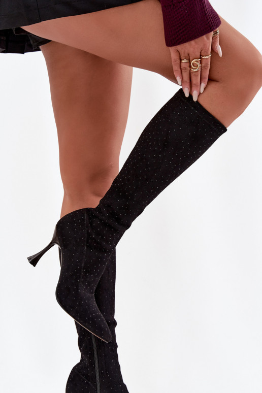 dámské dlouhé boty s tenkými podpatky  D&A JC52-883 Černé