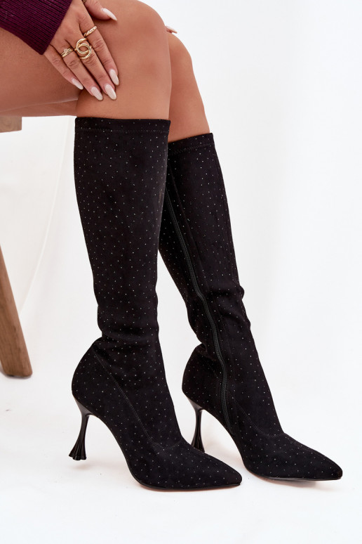 dámské dlouhé boty s tenkými podpatky  D&A JC52-883 Černé