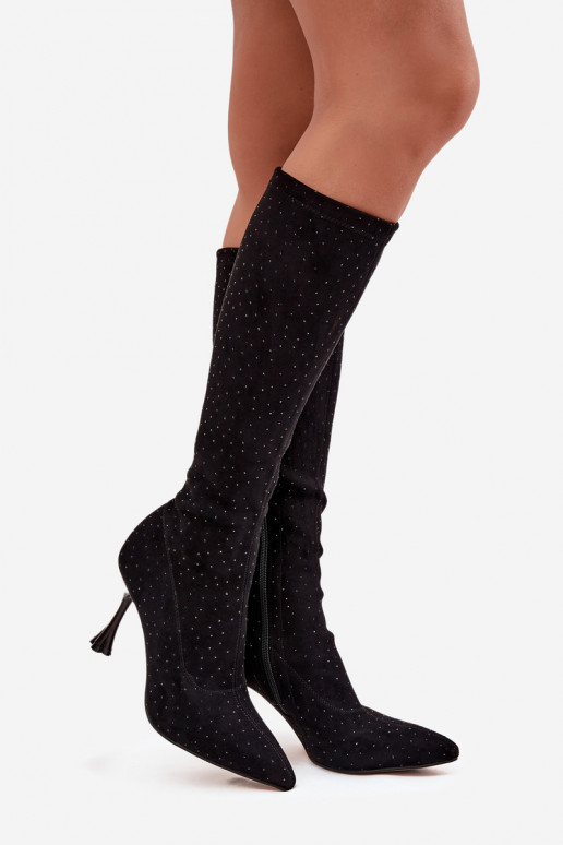 dámské dlouhé boty s tenkými podpatky  D&A JC52-883 Černé