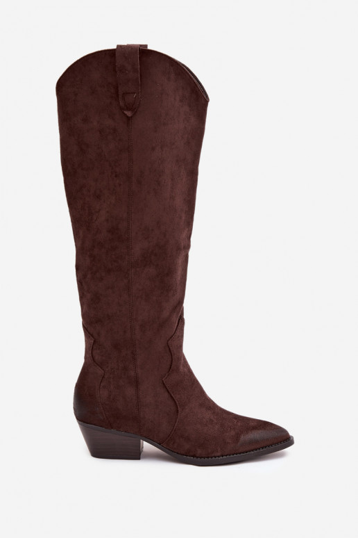 z eko semišeowe dlouhé boty kovbojský styl  s podpatky Czekoladowe Jenaya