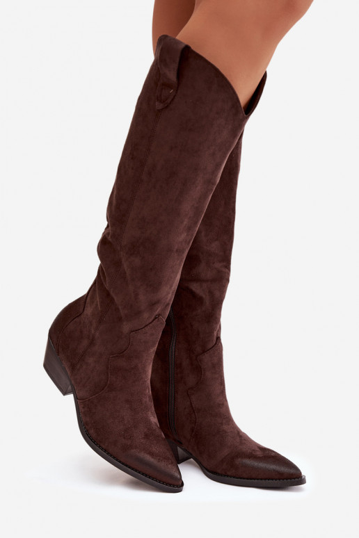 z eko semišeowe dlouhé boty kovbojský styl  s podpatky Czekoladowe Jenaya