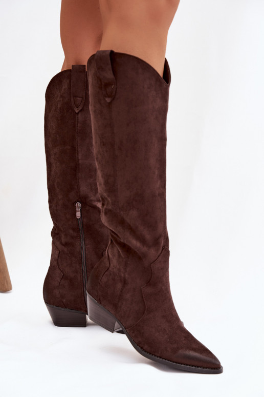 z eko semišeowe dlouhé boty kovbojský styl  s podpatky Czekoladowe Jenaya