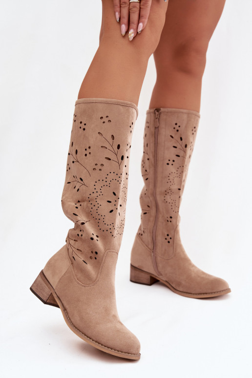 s ažurovými prvky dámské dlouhé boty  khaki Helinna