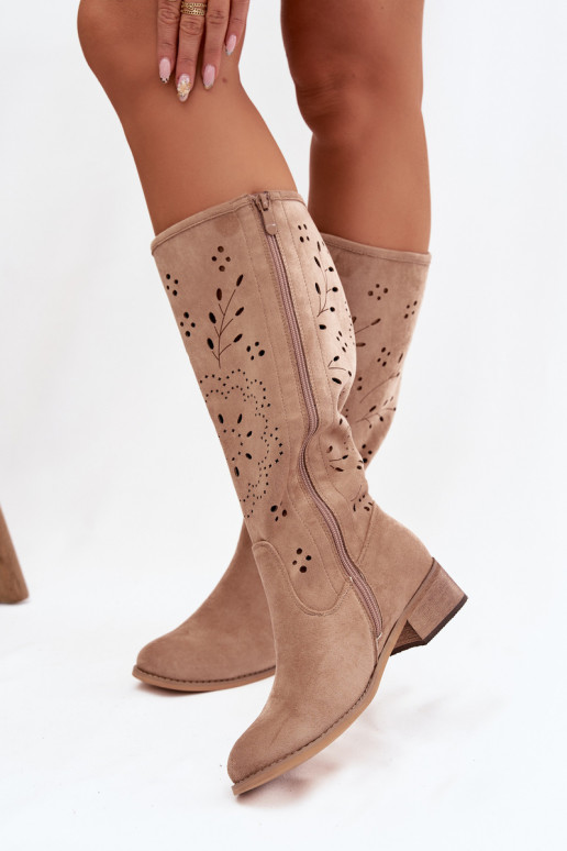 s ažurovými prvky dámské dlouhé boty  khaki Helinna