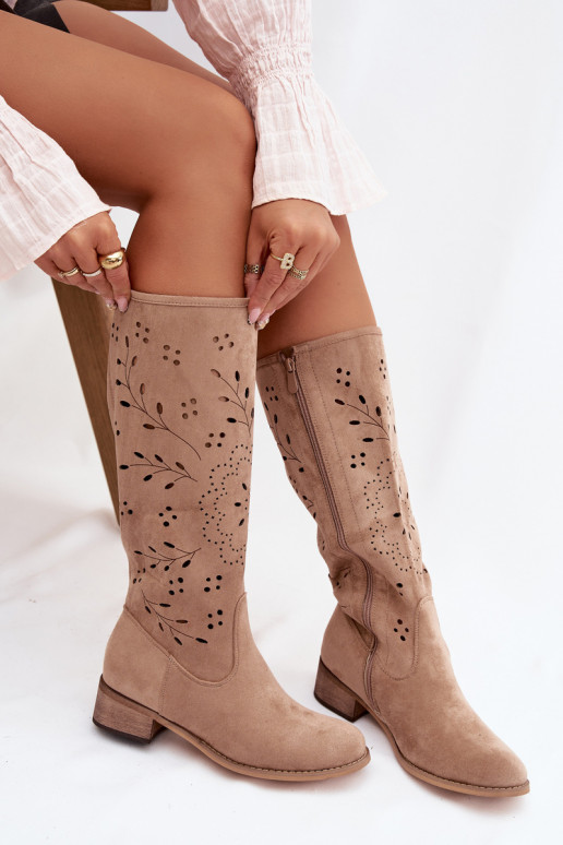 s ažurovými prvky dámské dlouhé boty  khaki Helinna