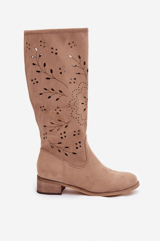 s ažurovými prvky dámské dlouhé boty  khaki Helinna