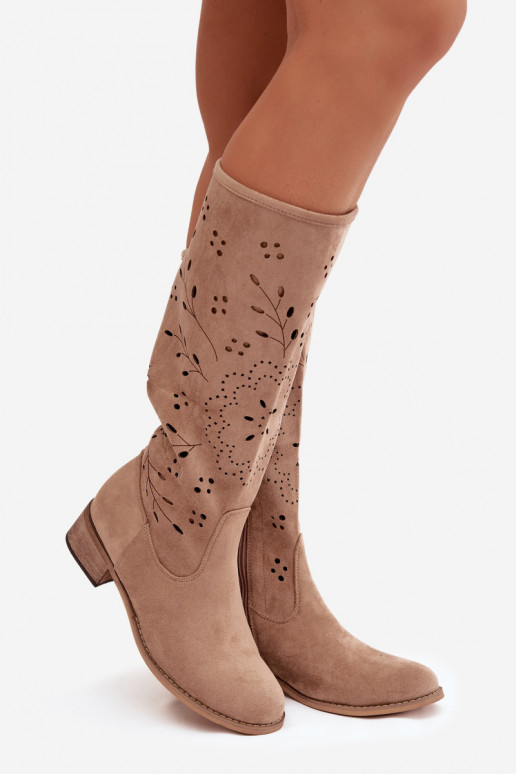 s ažurovými prvky dámské dlouhé boty  khaki Helinna