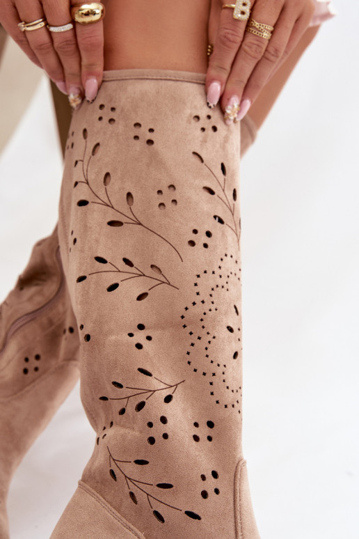 s ažurovými prvky dámské dlouhé boty  khaki Helinna