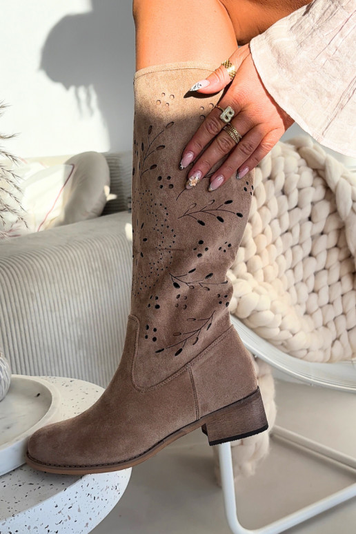 s ažurovými prvky dámské dlouhé boty  béžové Helinna