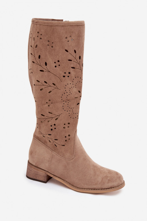s ažurovými prvky dámské dlouhé boty  béžové Helinna
