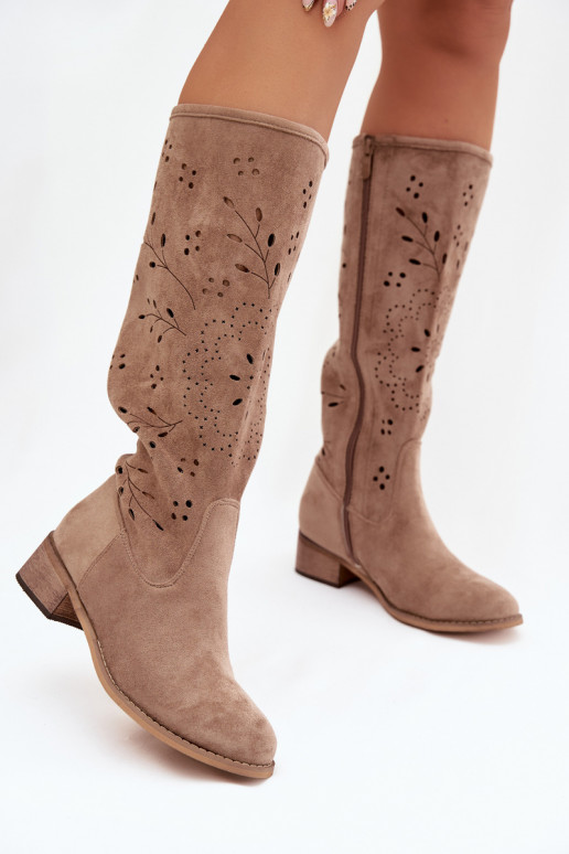 s ažurovými prvky dámské dlouhé boty  béžové Helinna