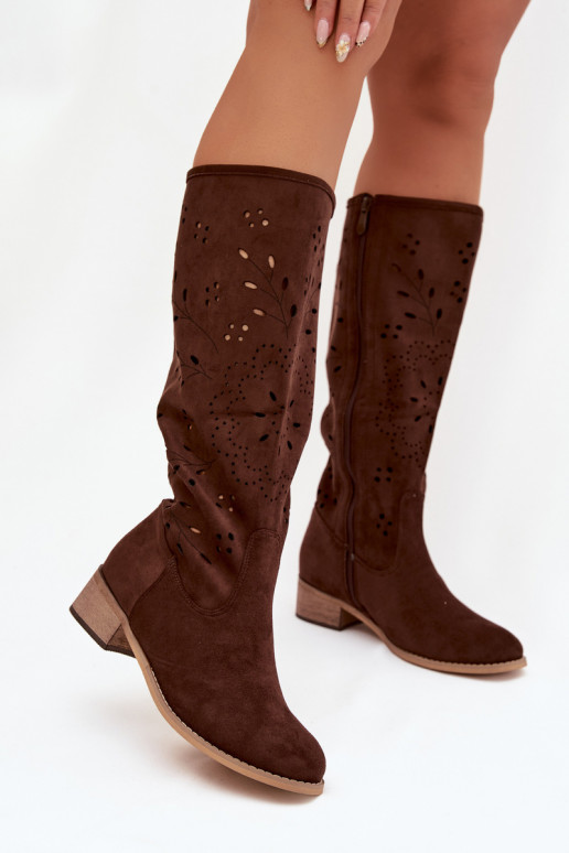 s ažurovými prvky dámské dlouhé boty  Czekoladowe Helinna