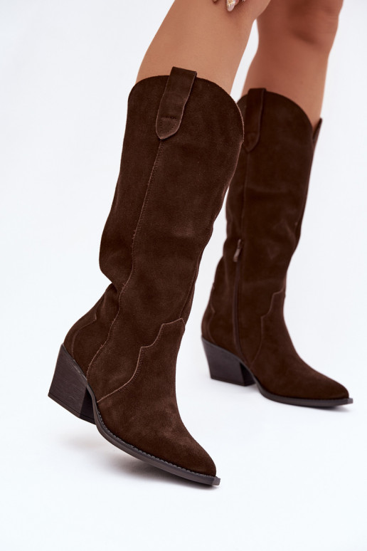  ze semiše dlouhé boty kovbojský styl  zateplené Czekoladowe Urselle