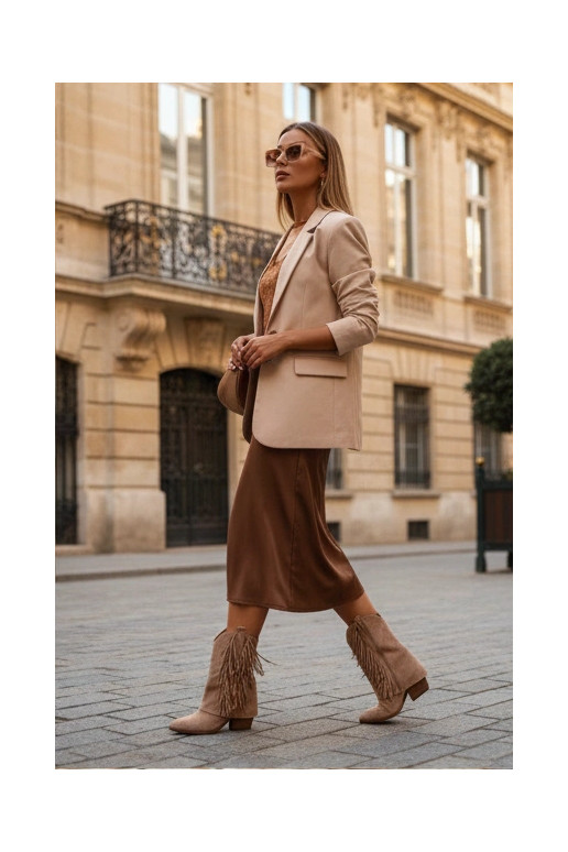 Boty v kovbojském stylu  se střapci s podpatky khaki Gralina