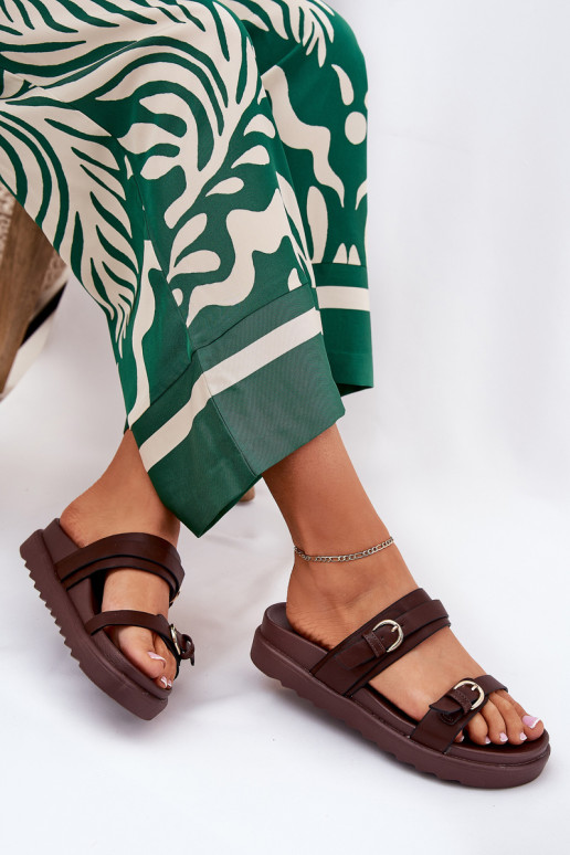 Dámské pantofle s platformou Ze zlaté barvymi s přezkamimi hnědá Wernone