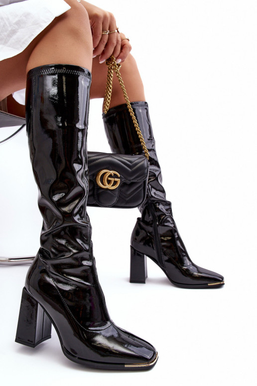 s efektem laku dlouhé boty s podpatky  Černé Mlokva