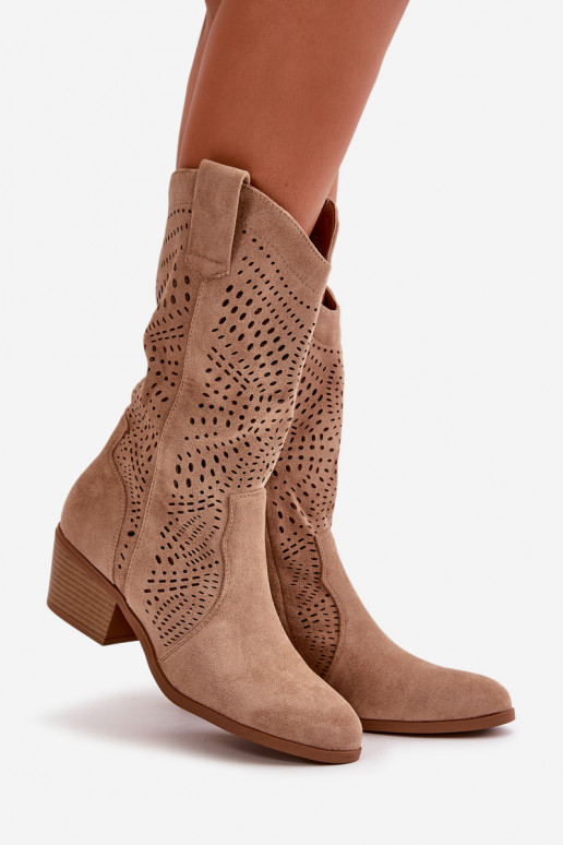 s ažurovými prvky  Boty v kovbojském stylu s podpatky hnědá Iceda
