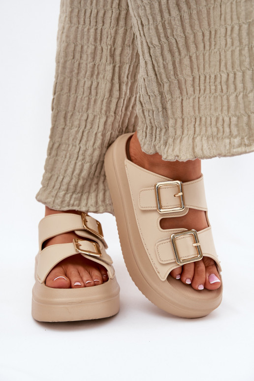 Dámské pantofle s platformou Ze zlaté barvymi s přezkamimi béžové Zorila