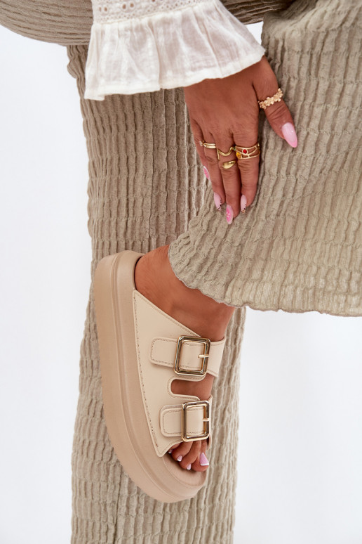 Dámské pantofle s platformou Ze zlaté barvymi s přezkamimi béžové Zorila