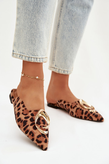 Dámské pantofle Mule  zlaté barvym Detalem se vzory leopardí kožešiny Galvella