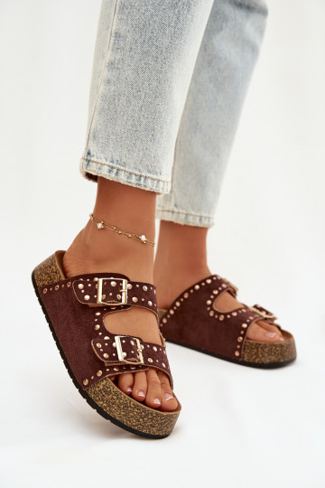 Dámské pantofle Ze zlaté barvymi s přezkamimi  hnědá Tervina 2