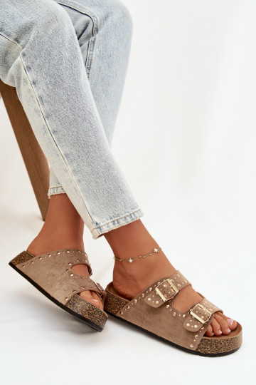 Dámské pantofle Ze zlaté barvymi s přezkamimi  khaki Tervina