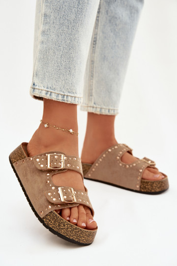 Dámské pantofle Ze zlaté barvymi s přezkamimi  khaki Tervina 2