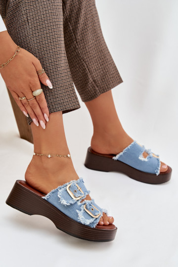 Dámské pantofle s platformou Ze zlaté barvymi s přezkamimi modrá Renelisse