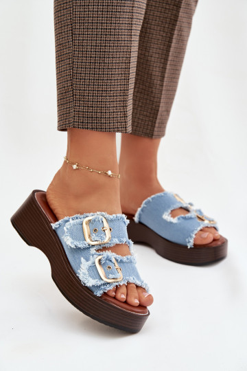 Dámské pantofle s platformou Ze zlaté barvymi s přezkamimi modrá Renelisse 2