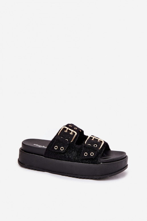 Dámské pantofle Ze zlaté barvymi s přezkamimi s platformou Černé Virvania