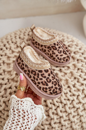 Sněhule Dřeváky Dětské se vzory leopardí kožešiny s platformou zateplené s kožešinou uvnitř hnědá Vilabria