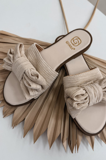 Dámské pantofle s širokými podpatky se stuhami béžové Amivelle