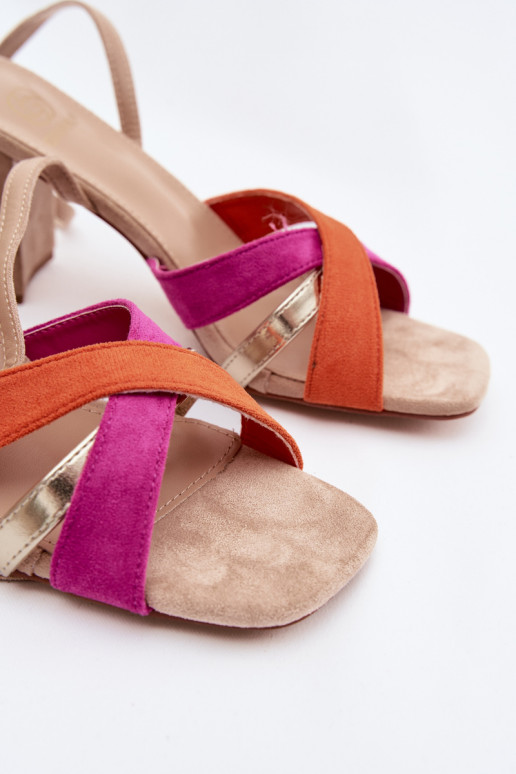 Dámské sandály na vysokém podpatku s pruhy z eko semišeowe béžové Karilora