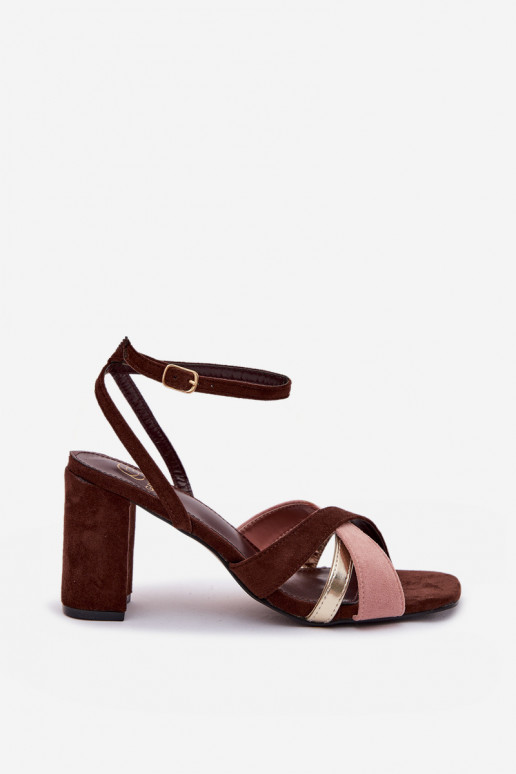 Dámské sandály na vysokém podpatku s pruhy z eko semišeowe Czekoladowe Karilora