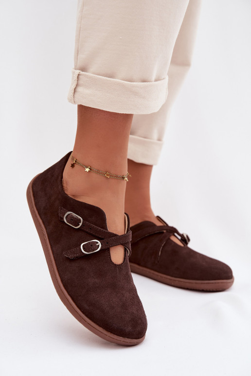  ze semiše boty Barefoot  s pruhy Zazoo N1271 Czekoladowe